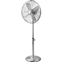 Standventilator aus Metall mit höhenverstellbarer Stange und rundem Standfuß.