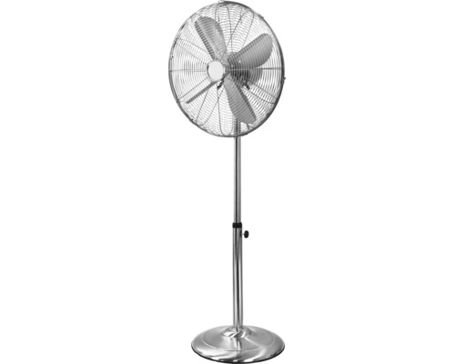 Standventilator aus Metall mit höhenverstellbarer Stange und rundem Standfuß.