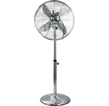 Standventilator aus Metall mit höhenverstellbarer Stange und rundem Standfuß.