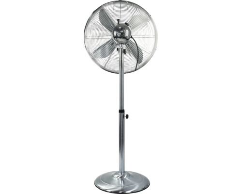 Standventilator aus Metall mit höhenverstellbarer Stange und rundem Standfuß.