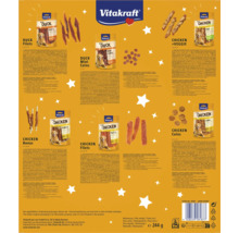 Informationsblatt für Vitakraft Hundesnacks mit Ente und Hähnchen, Inhaltsstoffen, Nährwertangaben, Vitakraft Logo und Qualitätssiegel.