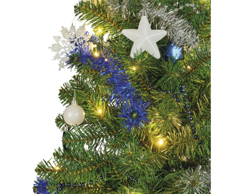 Künstlicher Weihnachtsbaum dekoriert mit Sternen, Kugeln, blauer Girlande und LED Lichterkette.