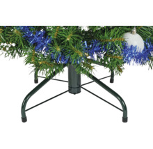 Christbaumständer aus Metall für künstlichen Weihnachtsbaum mit grünen Zweigen, blauer Girlande und weißer Kugel.