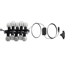 Guirlande lumineuse LED avec ampoules rondes transparentes, douilles noires, transformateur et câble de connexion.