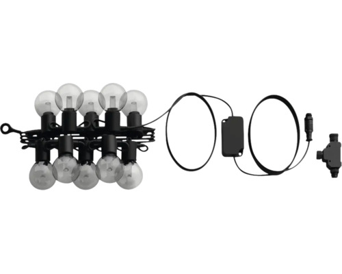 Guirlande lumineuse LED avec ampoules rondes transparentes, douilles noires, transformateur et câble de connexion.