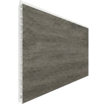 Lambris mural en PVC à l'aspect bois foncé avec grain visible.