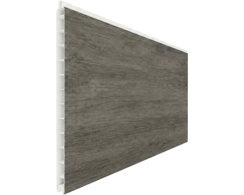 Lambris mural en PVC à l'aspect bois foncé avec grain visible.
