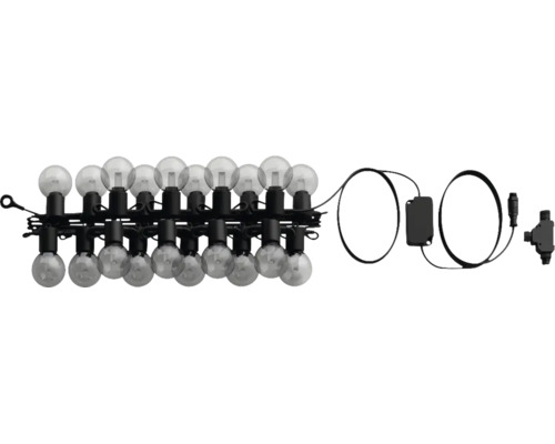 Guirlande lumineuse noire avec ampoules rondes transparentes et transformateur.