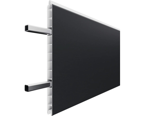 Brise-vue en plastique anthracite avec profilé à chambres creuses et rails de montage.