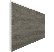 Lambris en plastique avec grain de bois foncé et structure alvéolaire.