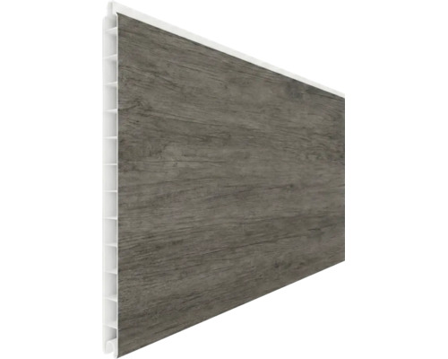 Lambris en plastique avec grain de bois foncé et structure alvéolaire.