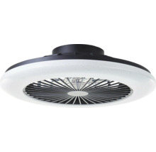 Moderner Deckenventilator mit integrierter LED-Beleuchtung, kreisförmiges Design, Kunststoffgehäuse mit Lamellengitter.
