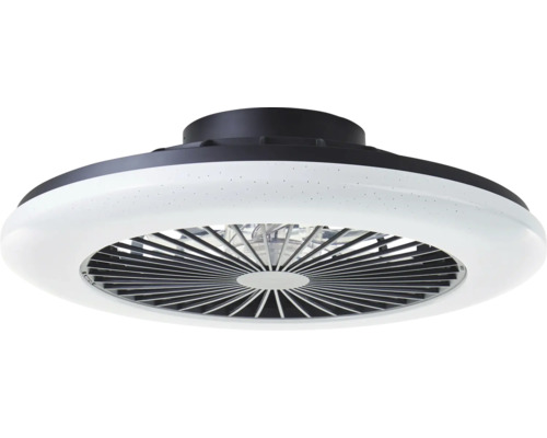 Moderner Deckenventilator mit integrierter LED-Beleuchtung, kreisförmiges Design, Kunststoffgehäuse mit Lamellengitter.
