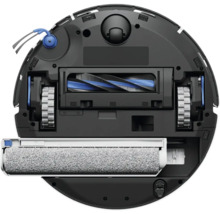 Unterseite eines Saug-Wisch-Roboters mit Hauptbürste, Seitenbürste, Antriebsrädern und Wischwalze.
