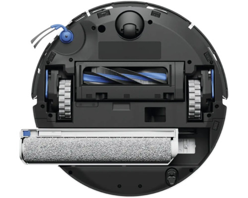 Unterseite eines Saug-Wisch-Roboters mit Hauptbürste, Seitenbürste, Antriebsrädern und Wischwalze.