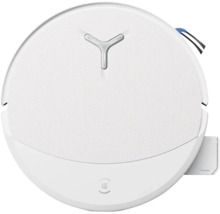 Weisser Ecovacs Saugroboter in runder Form mit strukturierter Oberseite und Y-förmiger Anzeige.