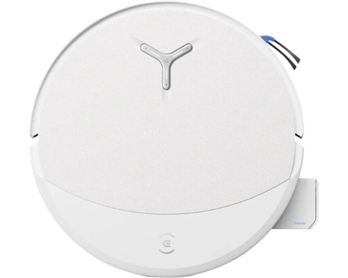 Weisser Ecovacs Saugroboter in runder Form mit strukturierter Oberseite und Y-förmiger Anzeige.