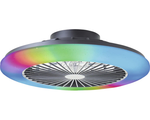 Moderner Deckenventilator mit integriertem LED-Lichtring in Regenbogenfarben und zentralem Gitter vor den Ventilatorflügeln.