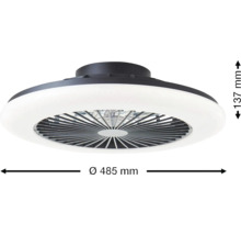Schwarzer Deckenventilator mit weißer LED-Beleuchtung, Durchmesser 485 Millimeter, Höhe 137 Millimeter.