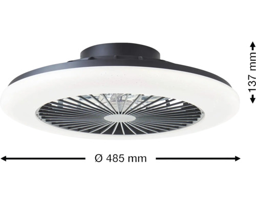Schwarzer Deckenventilator mit weißer LED-Beleuchtung, Durchmesser 485 Millimeter, Höhe 137 Millimeter.