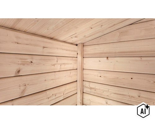 Coin de mur d une construction en bois avec des profilés en bois posés horizontalement et un poteau d angle. (Image AI modified or generated)