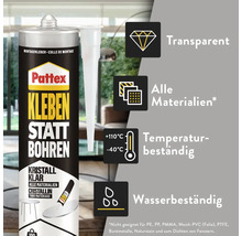 Pattex Logo auf Montagekleber Kleben statt Bohren Kristall Klar. Symbole für transparent, alle Materialien, temperaturbeständig und wasserbeständig.