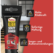 Pattex Kleben statt Bohren Montagekleber mit 400 Kilogramm pro Quadratzentimeter Klebkraft, sofortiger Haftung und für innen und außen.