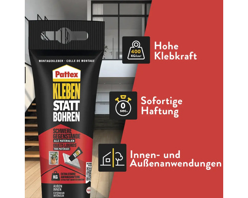 Pattex Kleben statt Bohren Montagekleber mit 400 Kilogramm pro Quadratzentimeter Klebkraft, sofortiger Haftung und für innen und außen.