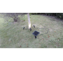 Kit de projecteurs solaires de jardin avec trois spots et un panneau solaire éclairant un tronc d'arbre sur une pelouse.