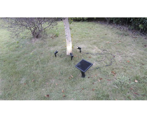 Kit de projecteurs solaires de jardin avec trois spots et un panneau solaire éclairant un tronc d'arbre sur une pelouse.