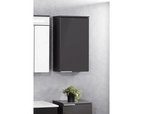Meuble latéral de salle de bains suspendu en anthracite avec poignée minimaliste en bas.
