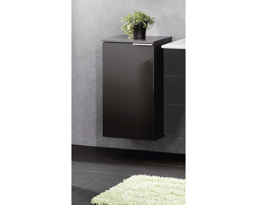 Meuble de salle de bains suspendu moderne gris foncé avec plante sur fond texturé et sol carrelé foncé avec tapis clair.