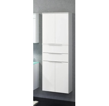 Armoire haute de salle de bains blanche avec quatre portes, deux tiroirs et poignées argentées.