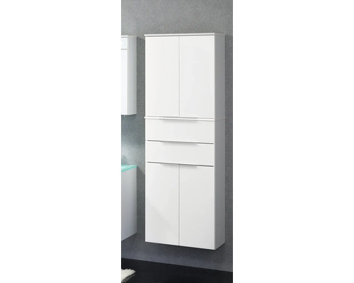 Armoire haute de salle de bains blanche avec quatre portes, deux tiroirs et poignées argentées.