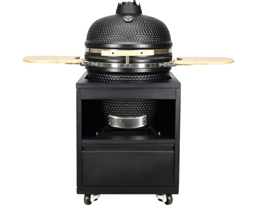 Barbecue Kamado en céramique sur un chariot noir à roulettes avec deux tablettes latérales en bois et thermomètre de couvercle.