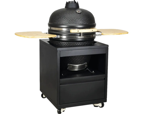 Barbecue en céramique Kamado avec surface texturée, thermomètre et tablettes latérales en bois sur un chariot à roulettes noir avec tiroir.