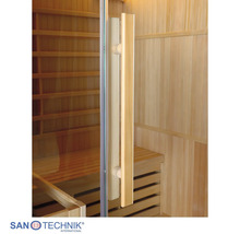Elementsauna Sanotechnik Riga inkl. 4,5 kW Ofen mit Dachkranz und Ganzglastüre aus Klarglas