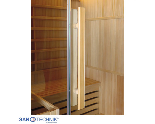 Elementsauna Sanotechnik Riga inkl. 4,5 kW Ofen mit Dachkranz und Ganzglastüre aus Klarglas