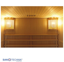 Elementsauna Sanotechnik Riga inkl. 4,5 kW Ofen mit Dachkranz und Ganzglastüre aus Klarglas