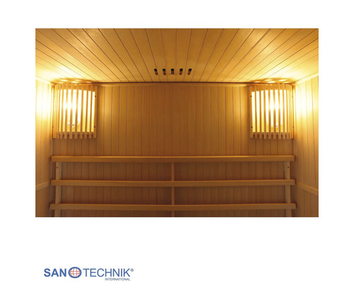 Elementsauna Sanotechnik Riga inkl. 4,5 kW Ofen mit Dachkranz und Ganzglastüre aus Klarglas