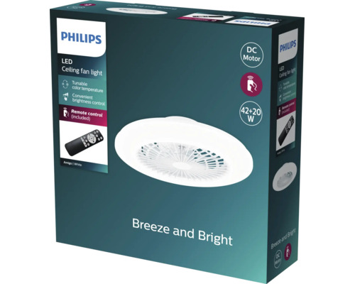 Philips LED Deckenventilator mit Leuchte Breeze and Bright Amigo in Weiß, inklusive Fernbedienung, Gleichstrommotor und einstellbarer Farbtemperatur.