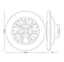 Maßzeichnung einer runden Deckenleuchte mit Ventilator, Durchmesser 485 Millimeter, Tiefe 137 Millimeter.