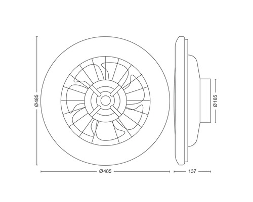Maßzeichnung einer runden Deckenleuchte mit Ventilator, Durchmesser 485 Millimeter, Tiefe 137 Millimeter.