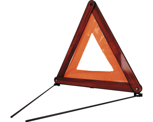Klappbares Pannendreieck für Kraftfahrzeuge mit reflektierendem Rand und stabilen Standfüßen aus Metall.