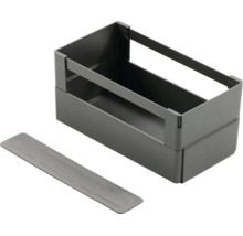 Organisateur de tiroir en plastique gris avec barres latérales ouvertes et une plaque de séparation plate supplémentaire.
