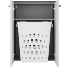 Armoire de salle de bain ouverte avec panier à linge intégré et amovible en plastique avec fentes d'aération.