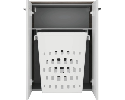 Armoire de salle de bain ouverte avec panier à linge intégré et amovible en plastique avec fentes d'aération.