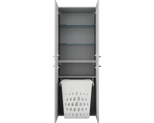 Armoire haute de salle de bain avec portes ouvertes, étagères en verre et panier à linge intégré coulissant.