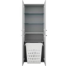 Armoire haute de salle de bain ouverte avec étagères en verre et panier à linge intégré en bas.