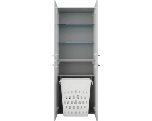 Armoire haute de salle de bain ouverte avec étagères en verre et panier à linge intégré en bas.